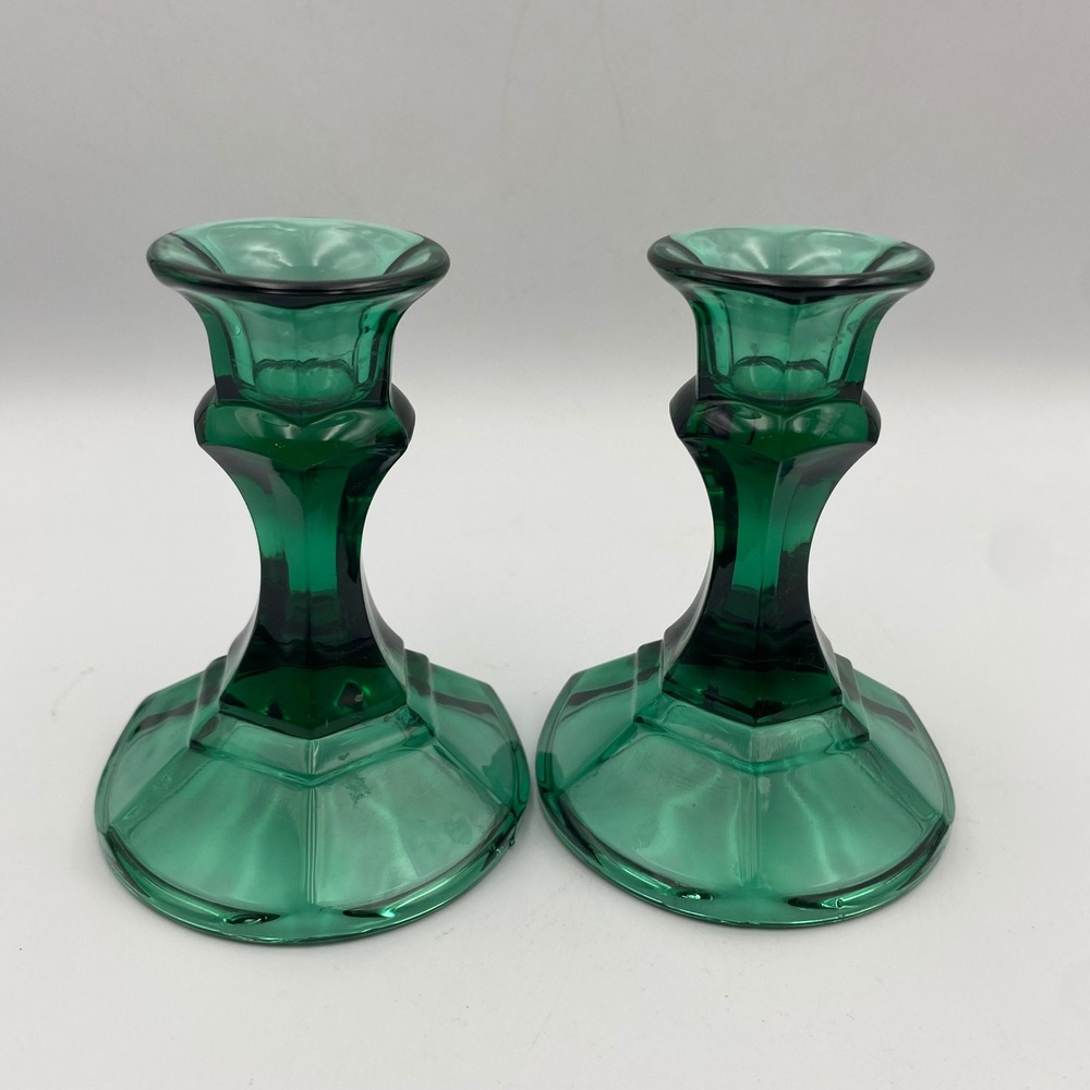 Indiana Glass Co Vintage Teal Emerald Green Candlestick Holders Pair 4.5in - Picture 1 of 5